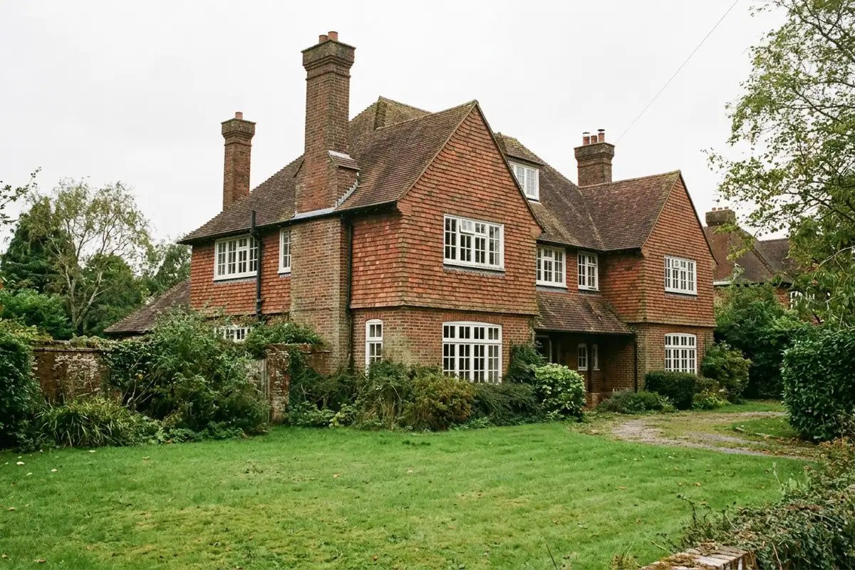 Red brick detached house with tall chimneys behind a lawn