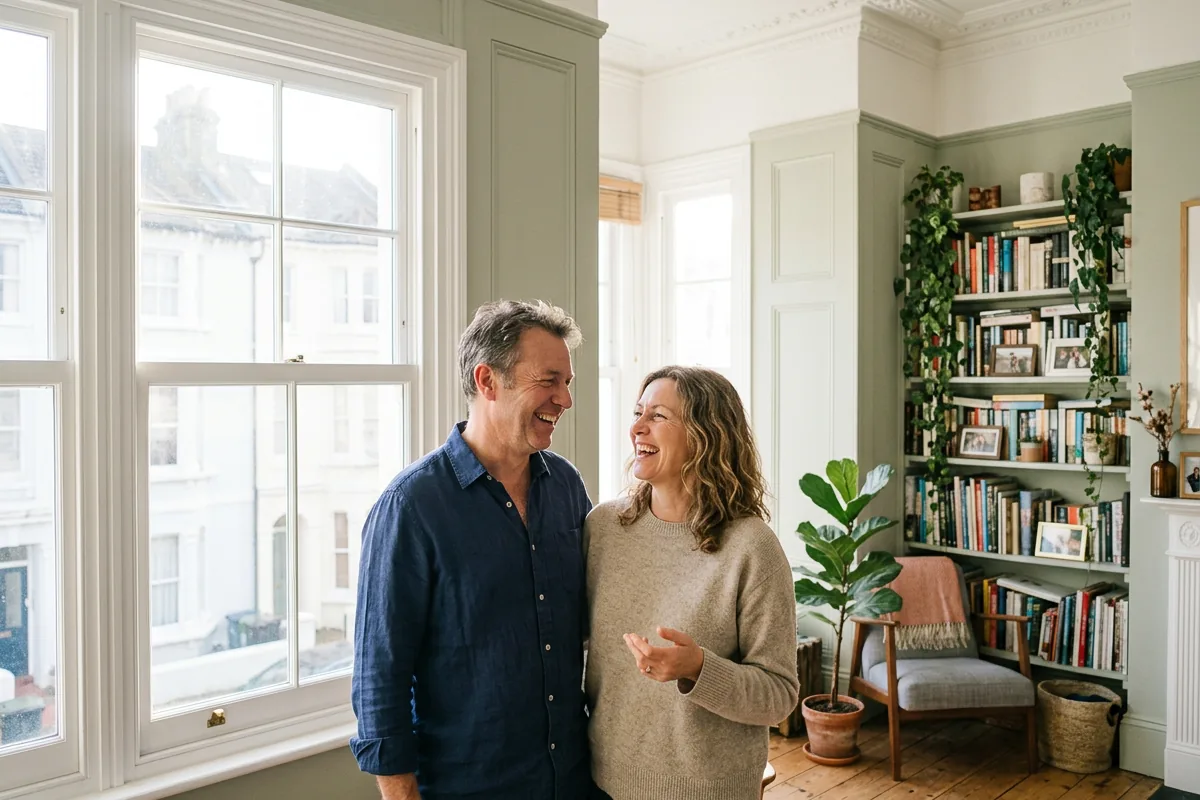 Couple chatting beside a tall white sash window in a period living room