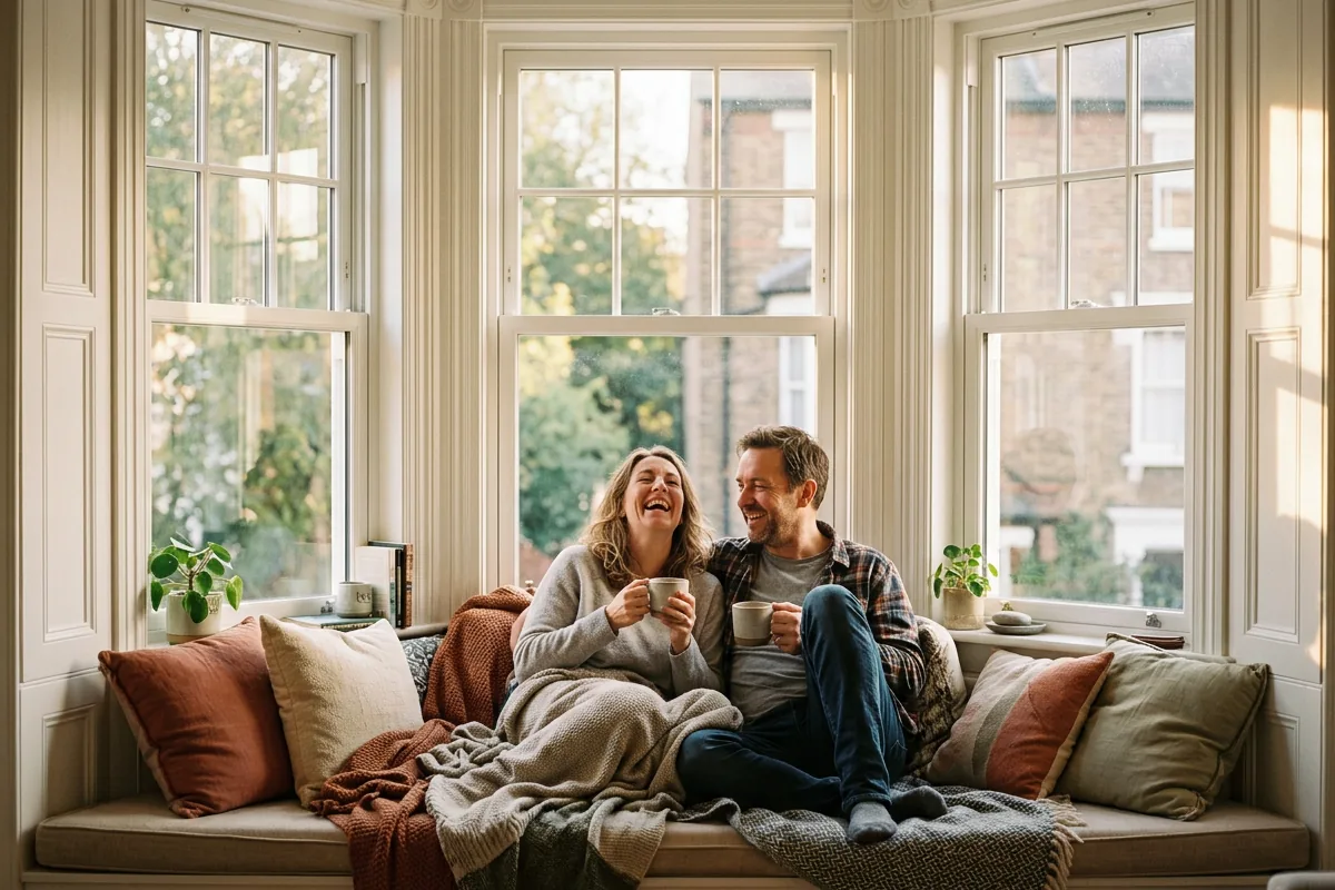Couple laughing on a window seat in a Victorian bay with sash windows