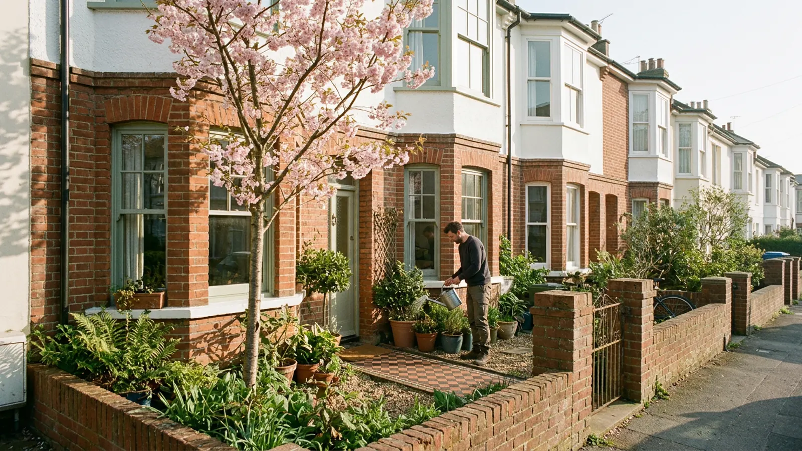 Edwardian terrace with sage green casement windows and a blossom tree