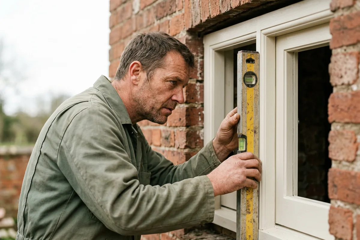 Fitter checking a new timber window frame with a spirit level