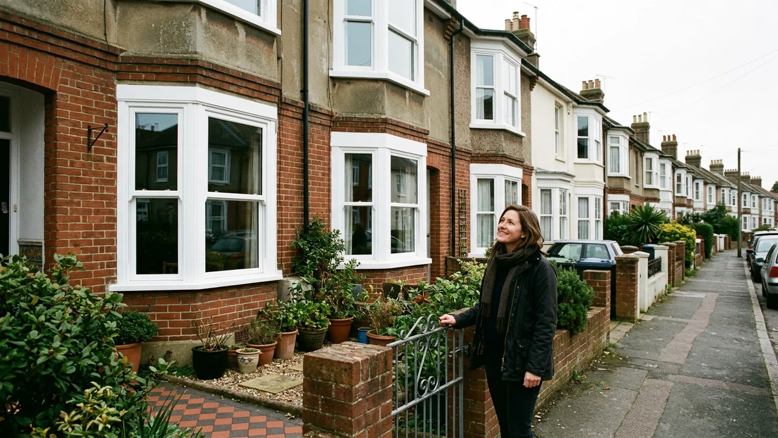 Woman at her front gate on an Edwardian terraced street
