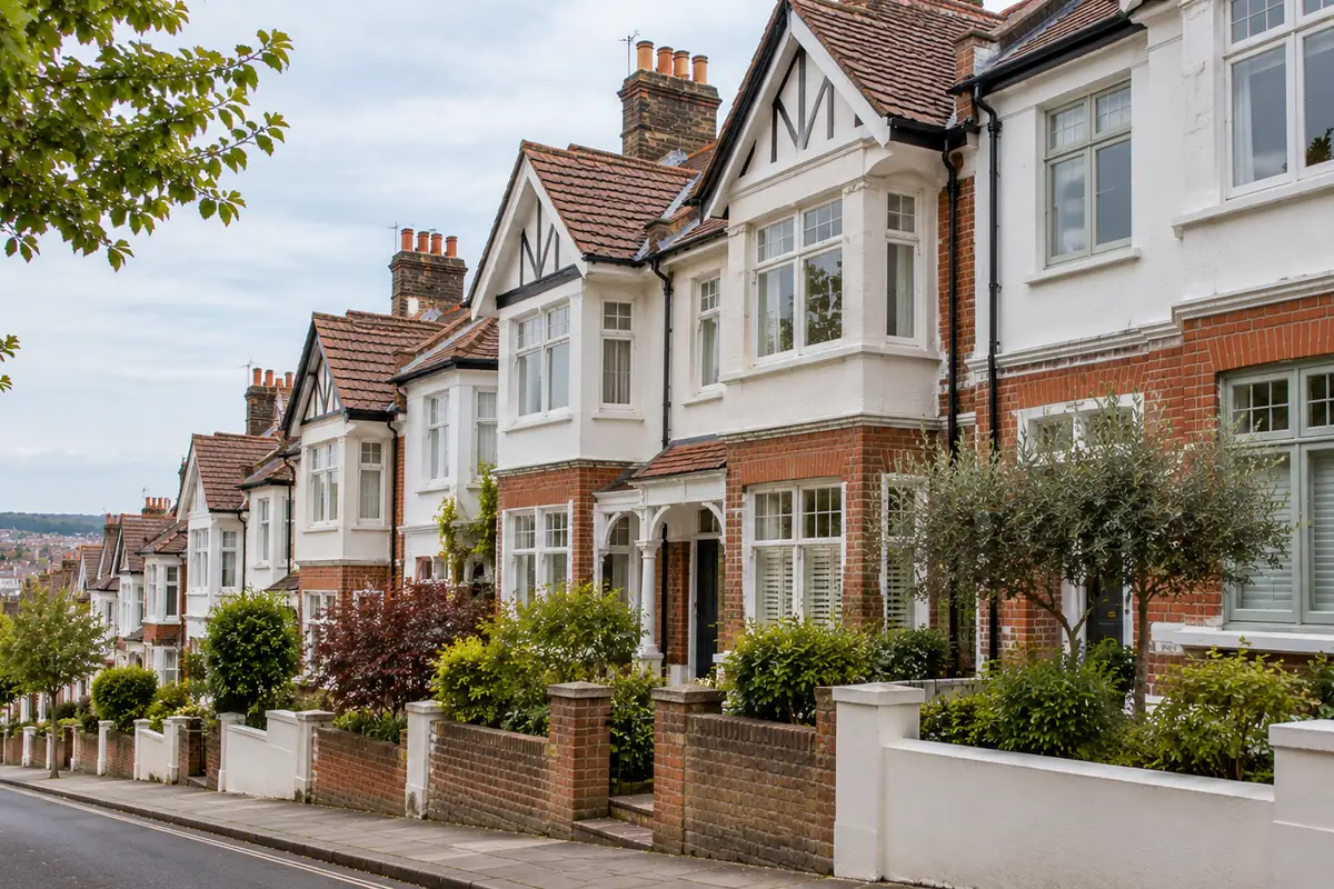 Hillside terraced houses with tile-hung gables and bay windows