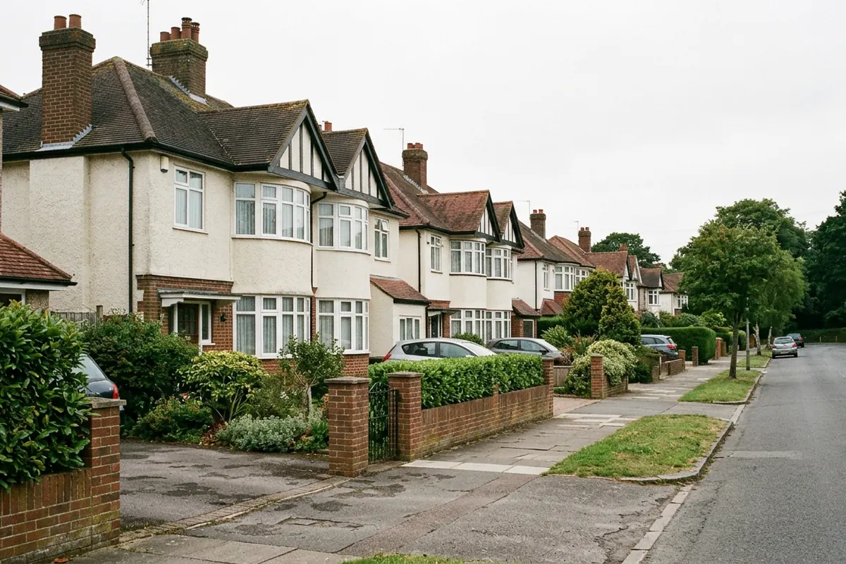 Street of 1930s semi-detached houses with bay windows