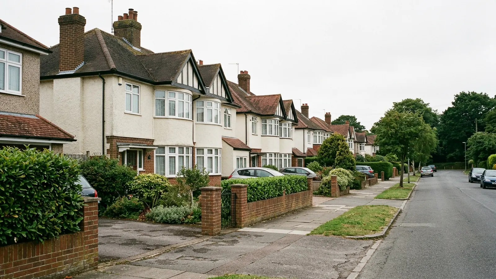 Street of 1930s semi-detached houses with bay windows