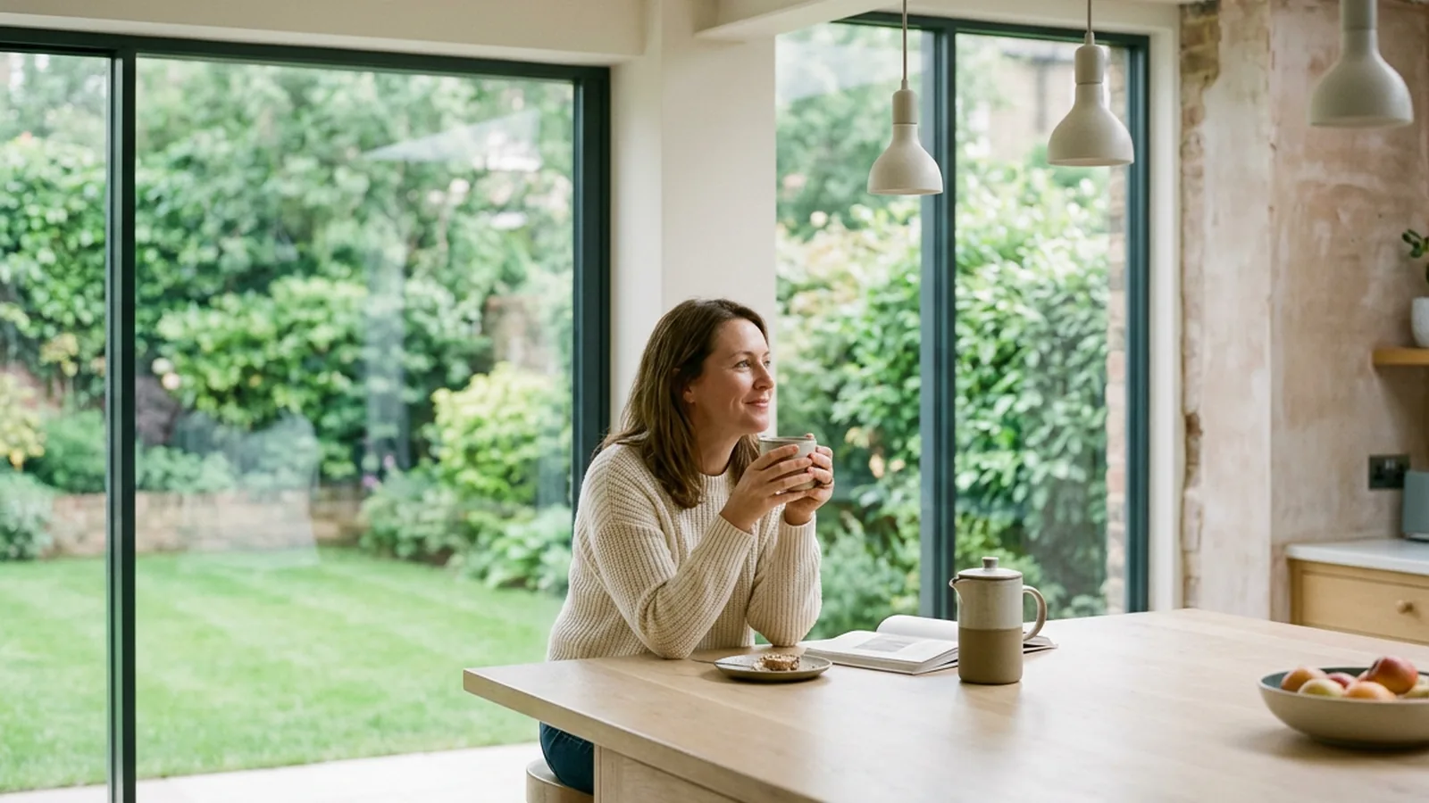 Woman drinking coffee in a kitchen extension with slim dark aluminium glazing