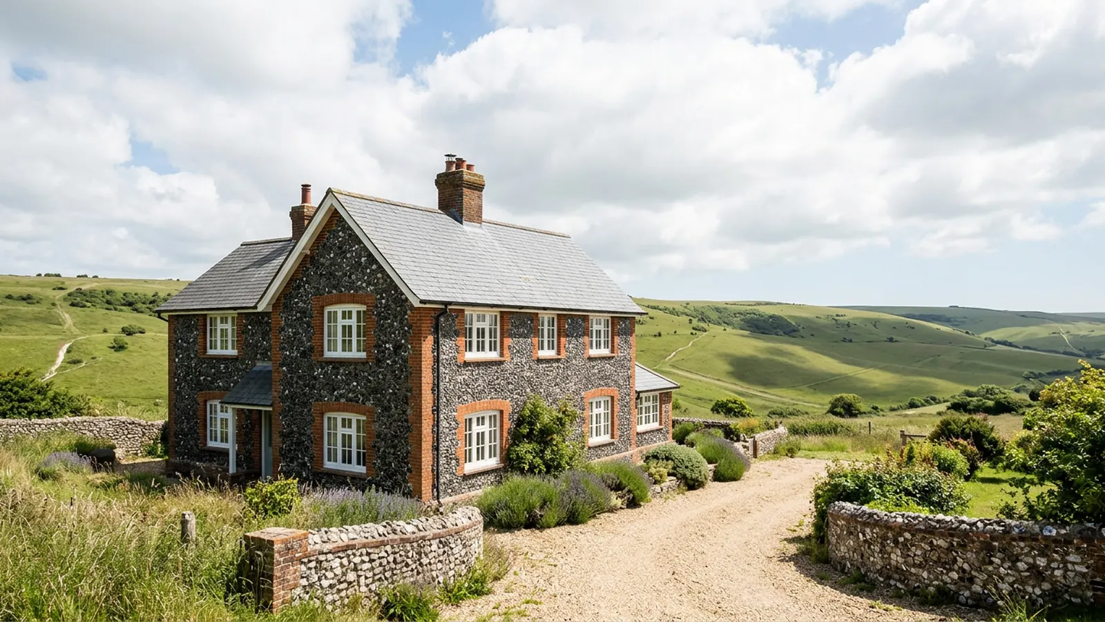 Flint and brick house with white casement windows below open downland