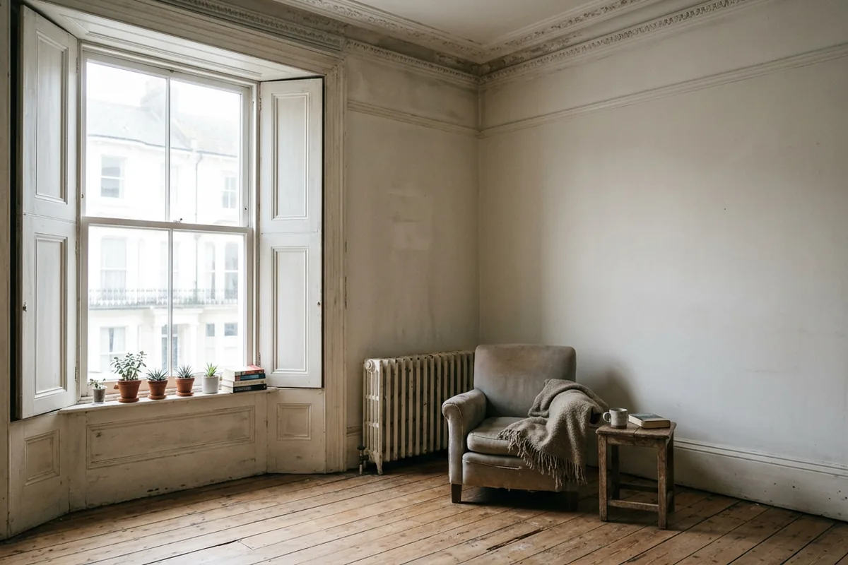 Tall sash window with folding shutters in an empty period room
