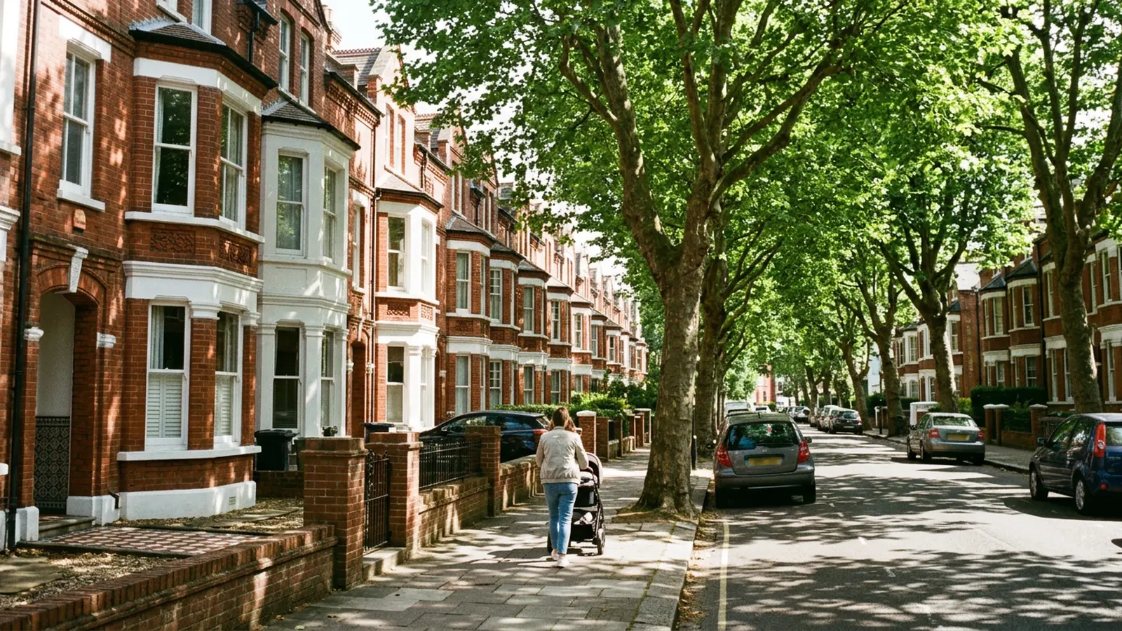 Tree-lined street of red brick Victorian terraced houses