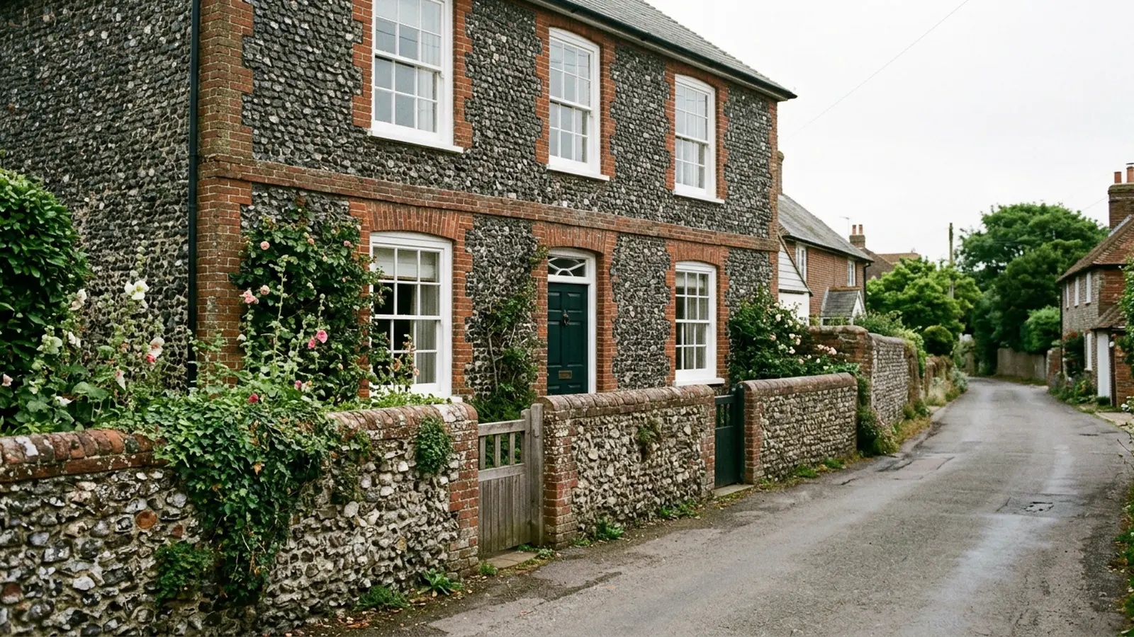 Flint faced house with white sash windows and a flint garden wall
