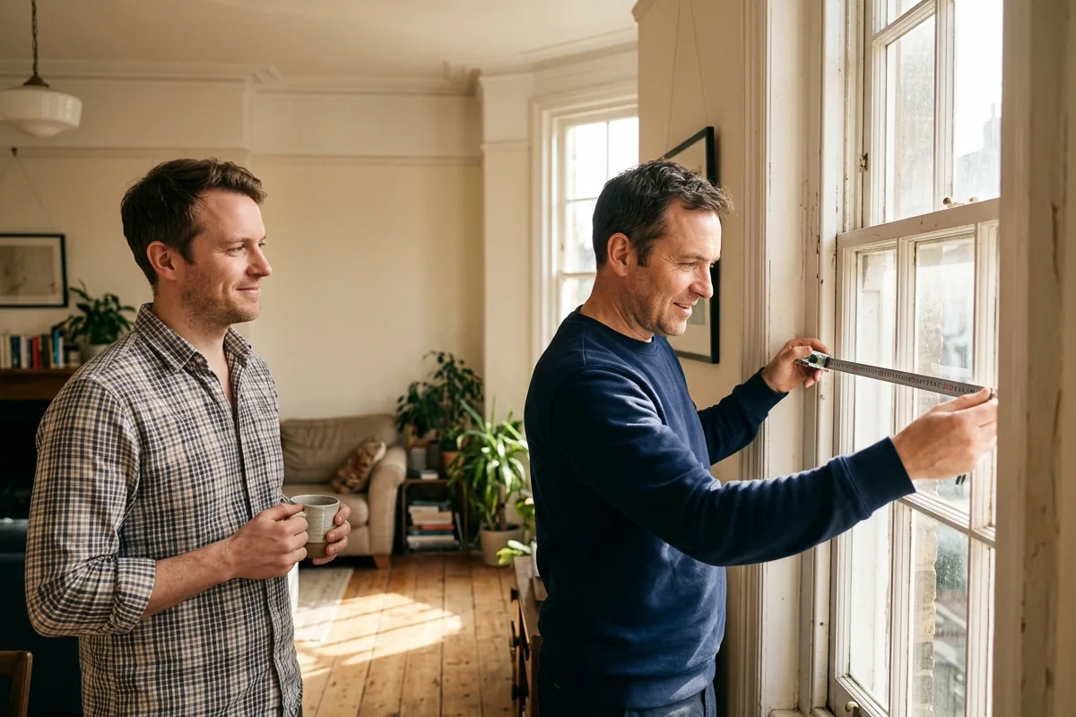 Surveyor measuring a sash window while the homeowner looks on