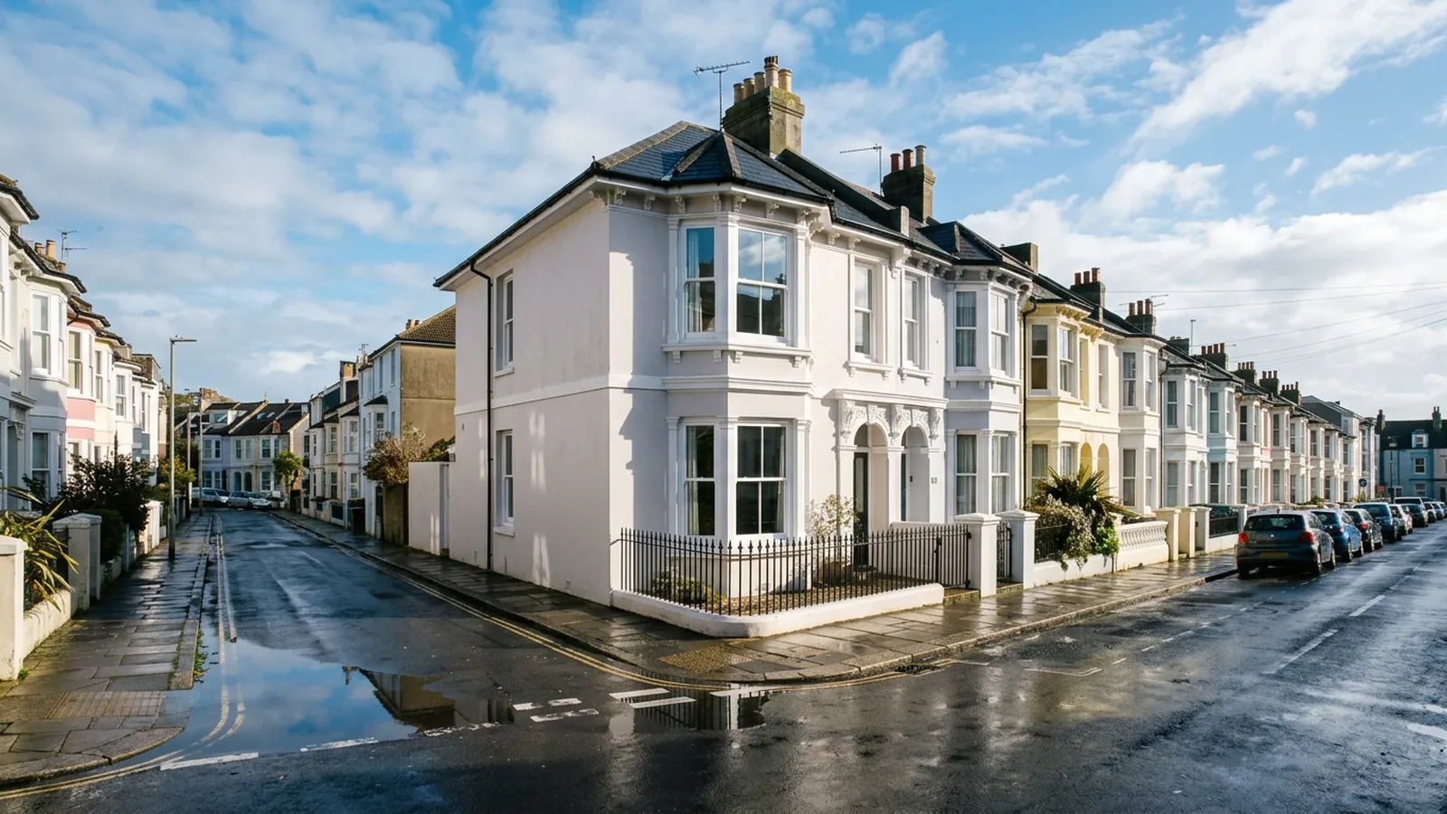 Victorian corner house with white bay windows on a wet sunny street