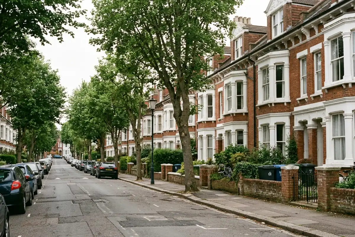 Victorian terraced houses with white painted bay windows